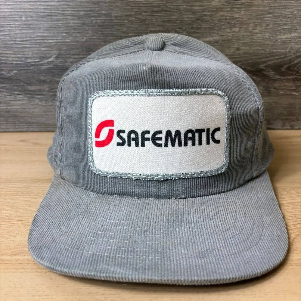 Vintage Safmatic Hat Cap Snap Back Gray Corduroy Patch Logo Adjustable